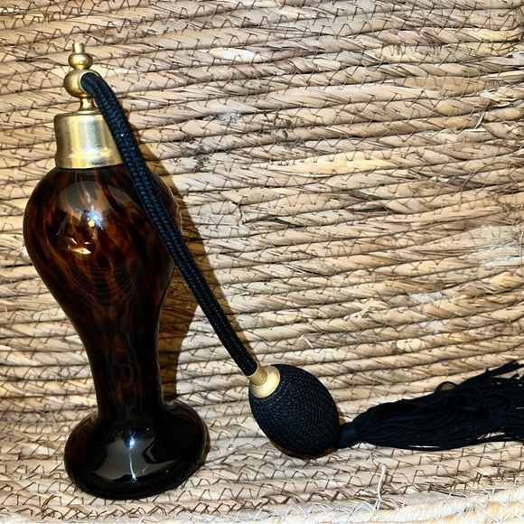 Vintage Vanity Perfume Atomizer Bottle Black Brown Glass Spotted Leopard Cheetah - Picture 1 of 4